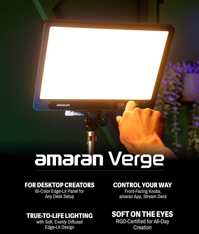 Amaran Verge, Edge-Lit LED Panel Light for Desktop Creators, 26W Bi-Color Soft Lighting 2,700K–6,500K, Front Knob & App Control, USB-C PD, Silent - Ideal for Streaming, Gaming & Vlogging, Charcoal