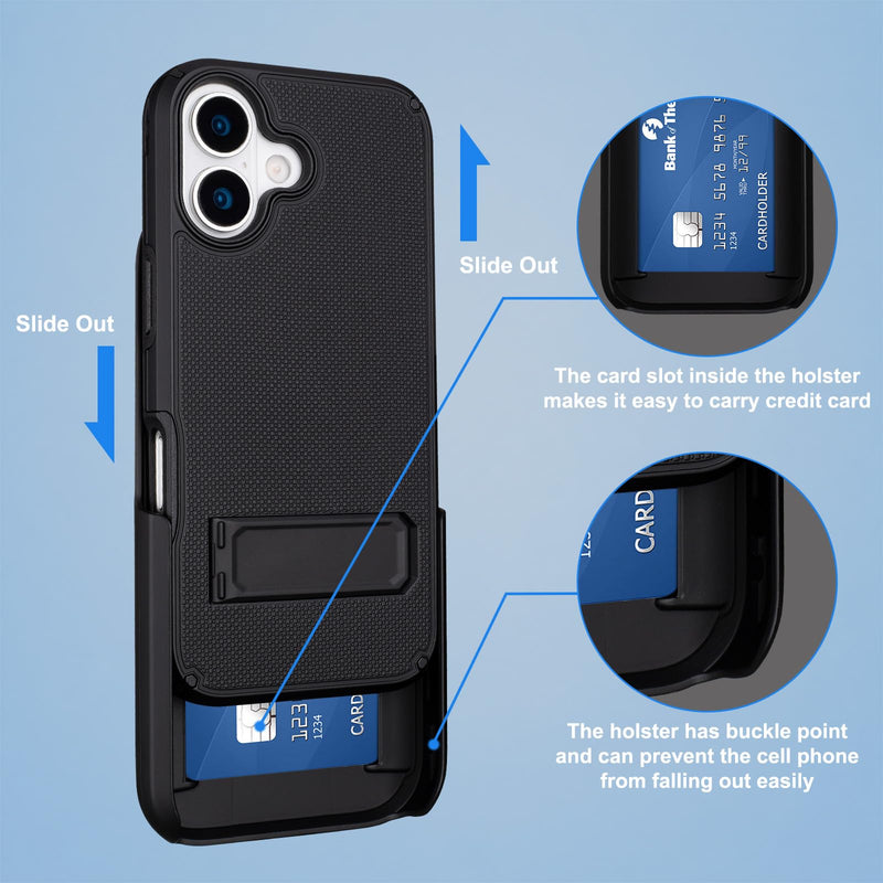 for iPhone 17 Case with Belt Clip Holster, Compatible with MagSafe, Black | with [Credit Card Holder], Heavy Duty Shockproof Drop Protection, Rugged Dual-Layer, Slim iPhone 17 Case with Kickstand