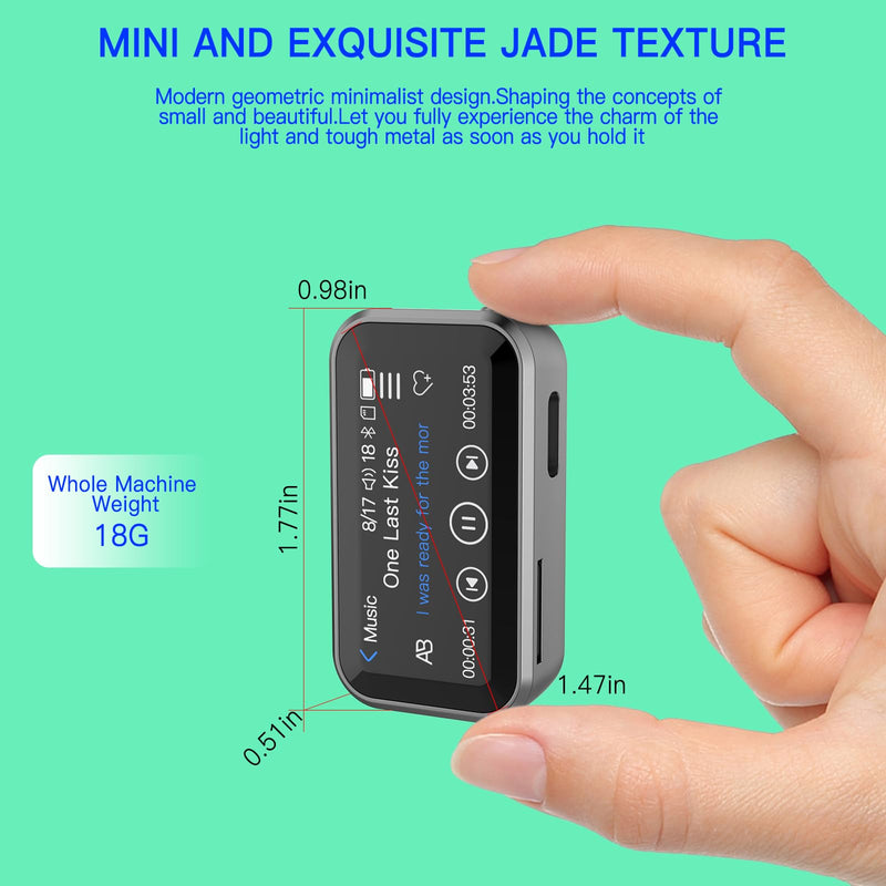 MP3 Player with Bluetooth, Portable Digital Lossless 8GB Music Player with Built-in Speaker, 1.47 in Full Touch Screen, Digital Voice Recorder, FM Radio, Mini Back Clip Design Free Wired Headphones Silver