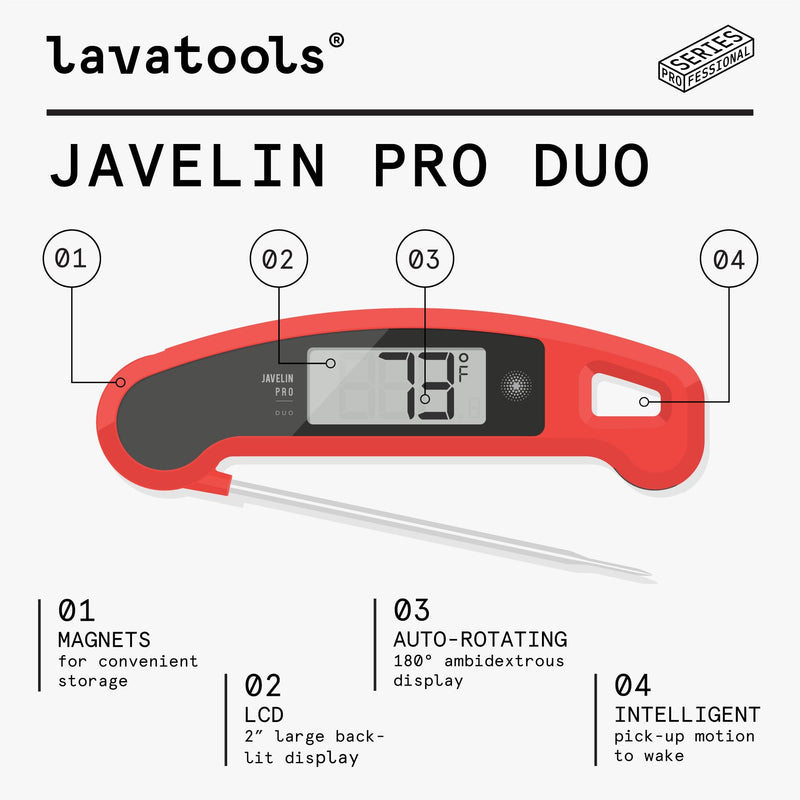 Lavatools Javelin® PRO Duo Ultra-Fast 2-Second Professional Digital Instant Read Meat Thermometer for Grill and Cooking, Auto-Rotating Backlit Display, IP65 Water Resistant, NSF Certified – Sambal