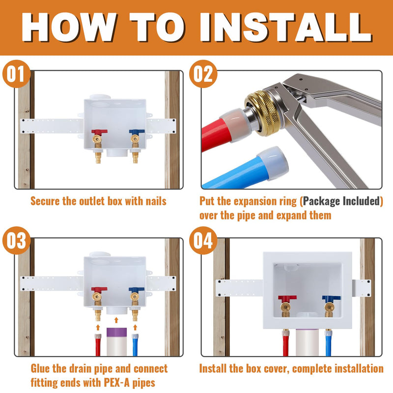 SUNGATOR Pex A Washer Box, 1/2 Inch Pex A Expansion Inlet x 3/4 Inch MHT Outlet, Washing Machine Laundry Outlet Box with Brass Valves Installed and 4 Expansion Rings