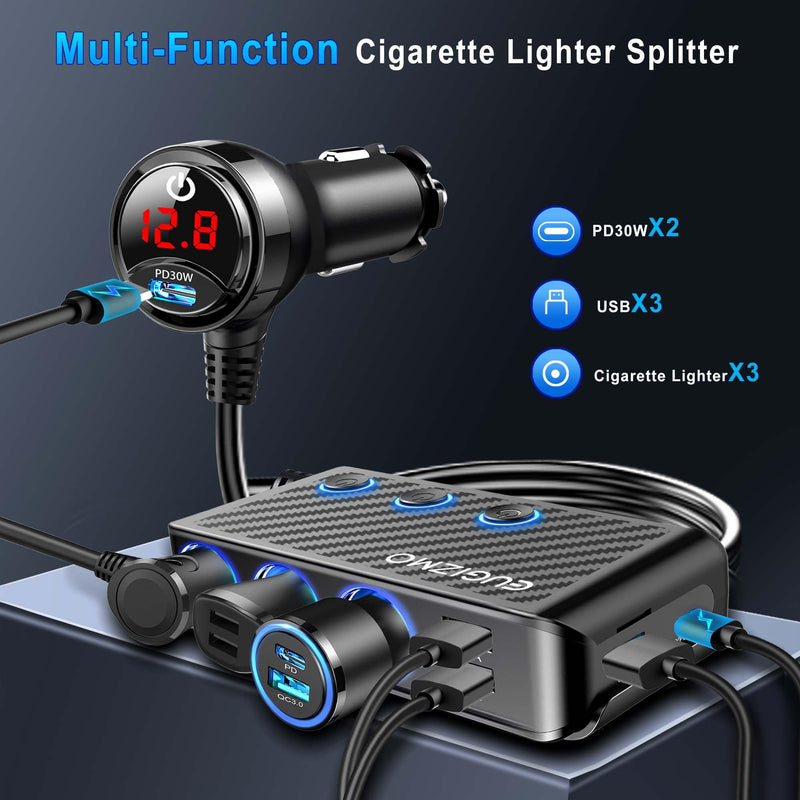 Cigarette Lighter Splitter Adapter, 222W 3 Socket Car Cigarette Lighter Plug Splitter USB Charger Multi Port 12V Car Plug Outlet Splitter with LED Voltage Display Independent Switches