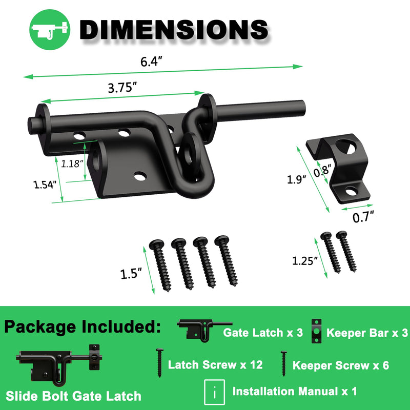 Heavy Duty Slide Bolt Gate Latch for Wooden Fence, 2 Way Barn Door Latch with Padlock Hole, Offset and Flush Mounted Gate Latch for Outdoor Gates/Yard Fence/Shed Door, Black, 3 Pack