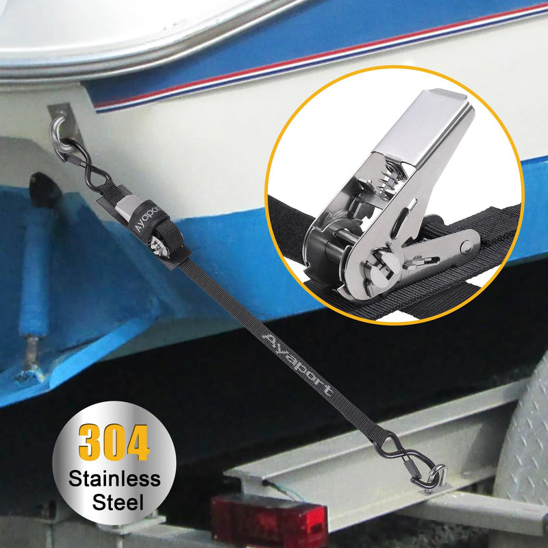 Ayaport Boat Tie Down Straps to Trailer (Stainless Steel Ratchet) 5 Feet, 2400lbs Break Strength Heavy Duty Ratchet Boat Straps, Boat Transom Straps Boat Trailer Accessories for Boating Safety, Black 1" x 5' -Stainless