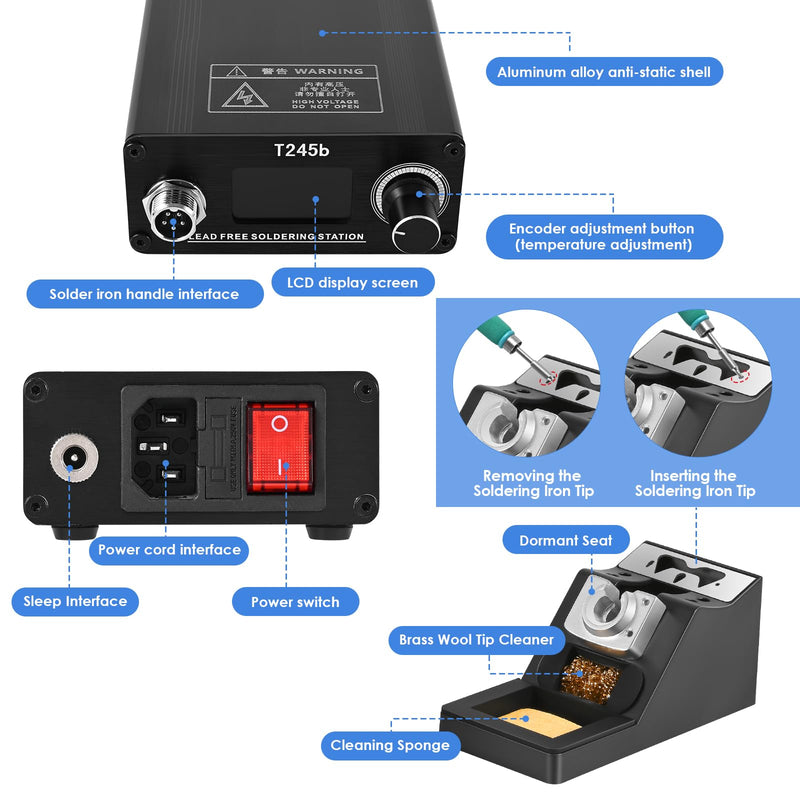 T245b Soldering Station DIY Electronic Welding Iron Tips Handle Aluminum Alloy Case & Handle Bracket 100-240V 180W US Plug C245 Iron Tips I K IS T245b