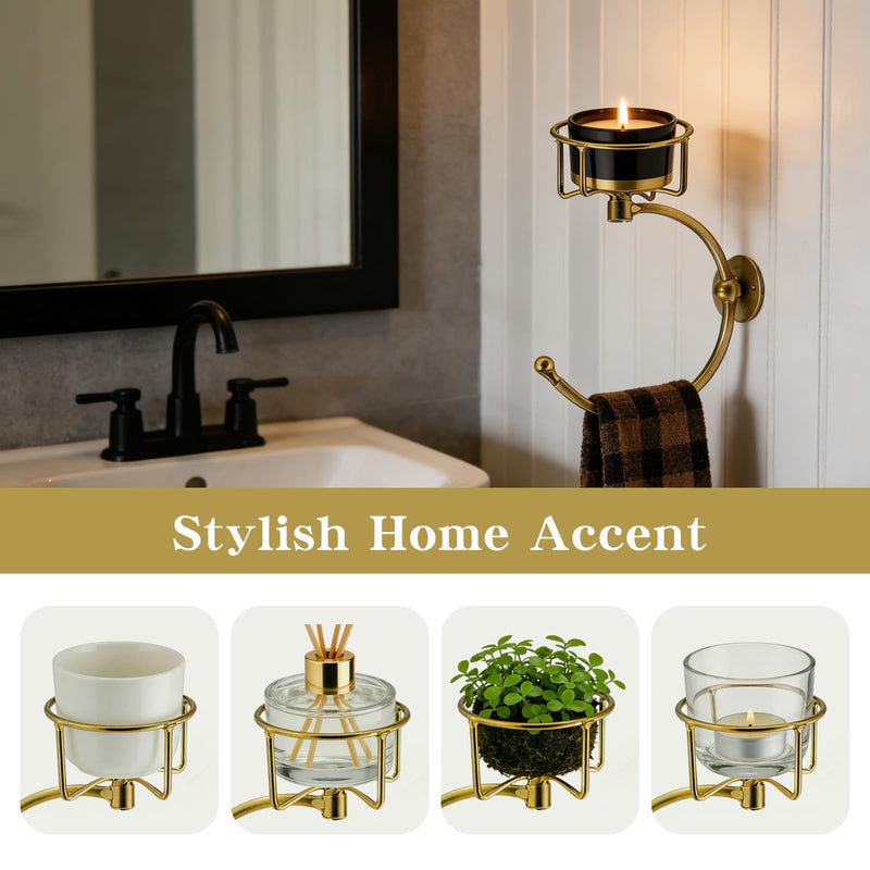 Gold Bathroom Wall Hand Towel Holder with Candle/Aromatherapy Holder, Multi-Functional Gold Wall Hooks,Candle Holders for Bathroom Décor