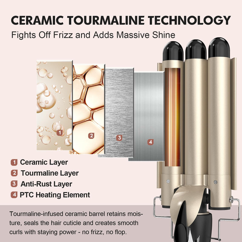Mermaid Hair Waver 32MM for Loose Beachy Waves, AIMERVO 3 Barrel Curling Iron 1.25", 14 Heat Settings up to 210°C Work on All Hair Types, Tourmaline Ceramic Coating, Heats up in 30S,Long&Medium length Φ32MM