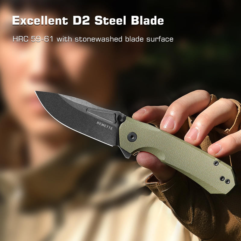 REMETTE EDC Pocket Knife Rhino,3" D2 Steel Blade Durable G10 Handle, Folding Pocket Knives with Reversible Pocket Clip, Sharp Camping Hiking Pocket Knife for Men Green