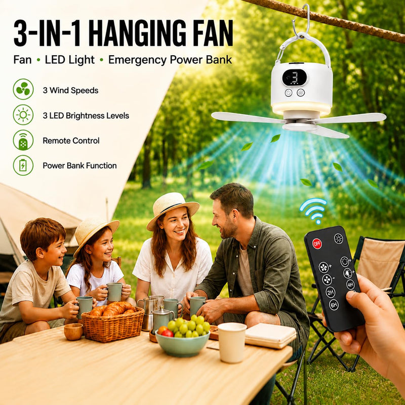 Camping Tent Fan with Light, Rechargeable Hanging Fan with Remote | 10400mAh Rechargeable Battery, USB-C Charging, 3 Speeds, Timer, LED Light, Tent, RV & Outdoor Use White