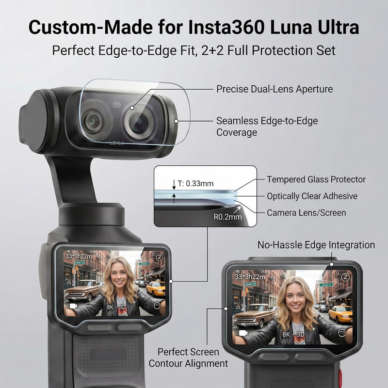Screen Protector for Insta360 Luna Ultra - 2 Pack | Ultra HD, 9H Hardness, Scratch Resistant, Tempered Glass LCD Display Film, 2 x Lens Protector + 2 x LCD Screen Protector