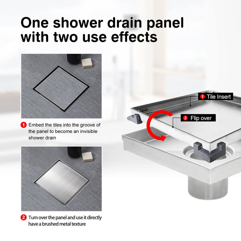 SaniteModar Shower Drain, Invisible 6 inch Square Shower Drain 2-in-1 Tile Insert Cover, 304 Stainless Steel Brushed Shower Floor Drain with Hair Catcher and Threaded Adapter Tile Insert Grate