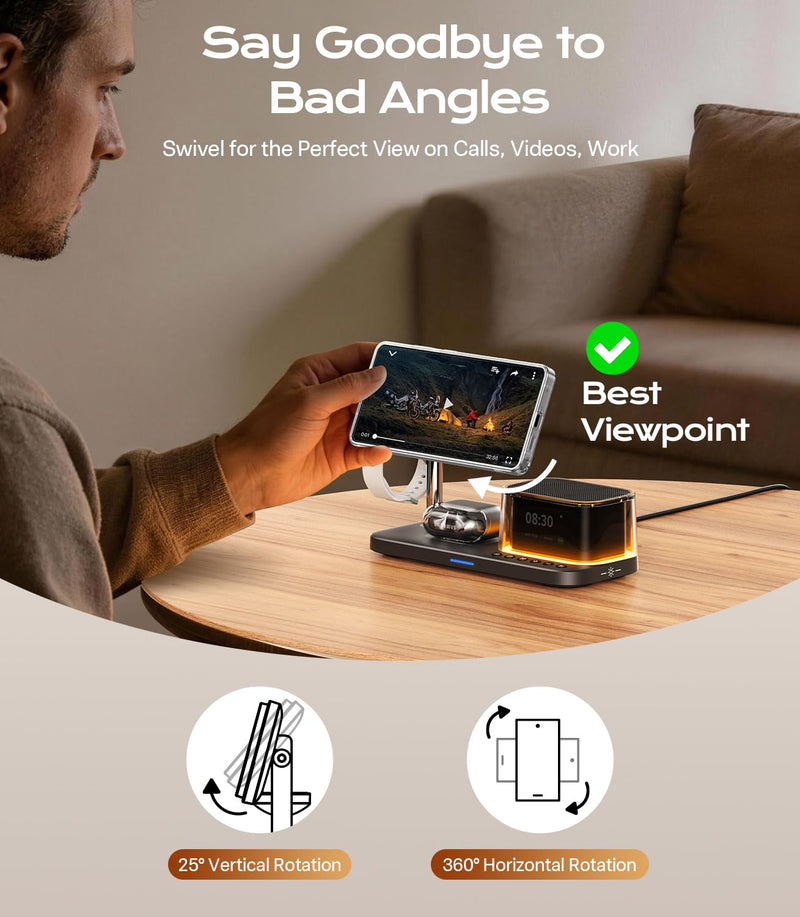 Meifigno 25W 5 in 1 Charging Station for Galaxy S26 Ultra with Bluetooth Speaker/Alarm Clock/Night Light, Qi2.2 Fast Magnetic Wireless Charger with 45W Adapter for S26/Z Fold7, for Galaxy Watch 8/Buds 25W for Samsung