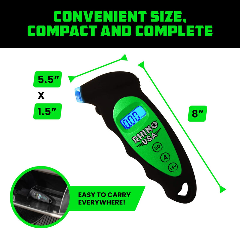 Rhino USA Digital Tire Pressure Gauge 150 PSI, 4 Ranges, Ergonomic Design w/Lighted Nozzle & LCD Backlit Display - Certified Accurate Readings, Best Digital Gage (Green) Green