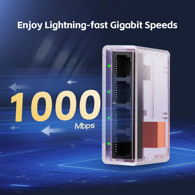 Gigabit Ethernet Splitter 1 to 4 Port, 1000Mbps High-Speed LAN Adapter with USB Cable, Mini Plastic YuLinca Network Hub, Plug & Play for Router, Modem, PC, IP Camera, Printer, Smart TV