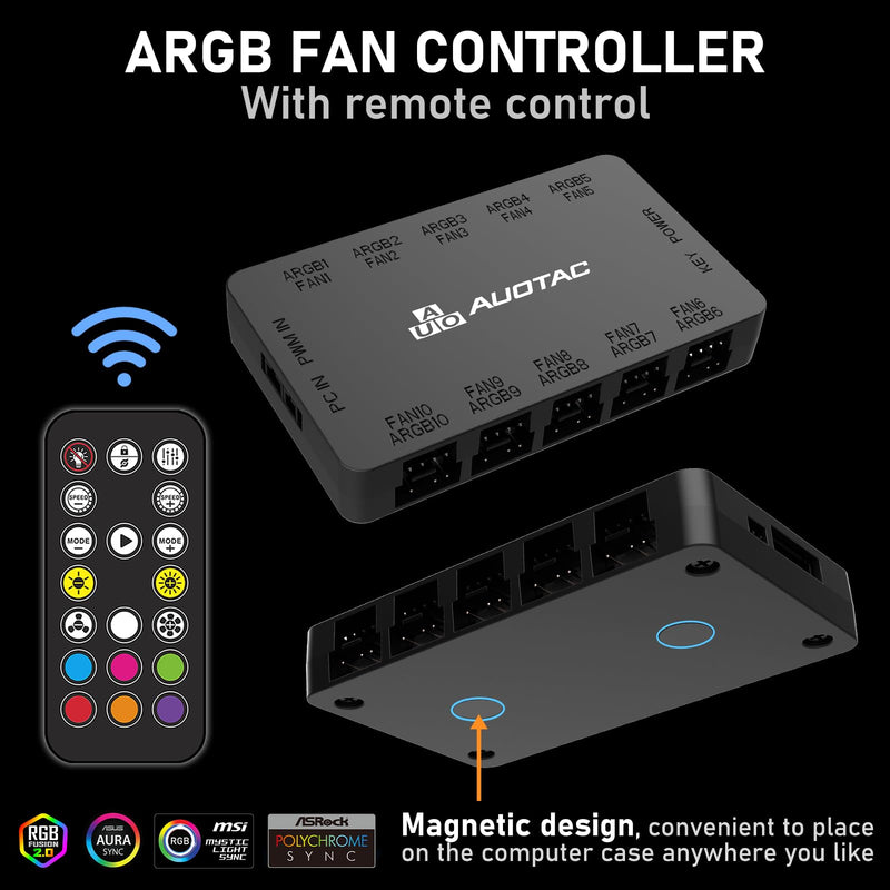 ARGB PWM Fan Hub with RF Remote Controller for PC Build, (Connect Ten Case Fans, 5V 3Pin ARGB & 12V 4Pin PWM Fan Connector, Stable Dual SATA Power Input, Magnetic Suction), Black