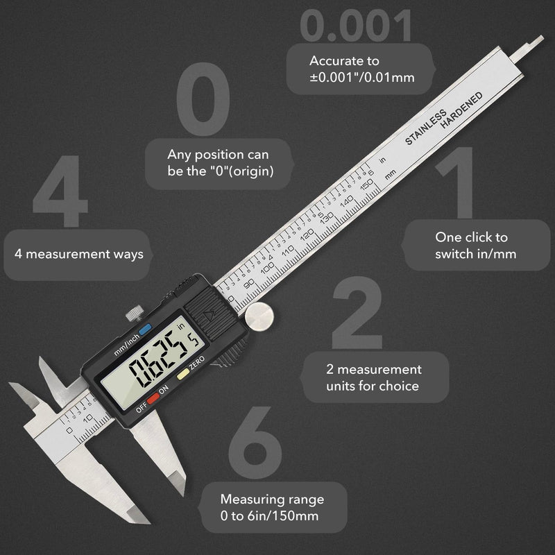 Digital Caliper Precise Measuring Tool, Vizbrite 6 inch Stainless Steel Electronic Vernier Calipers with Auto-Off Large LCD Screen, Accurate to ±0.001in/0.01mm, Easy Use Caliper 150mm Black Stainless Steel
