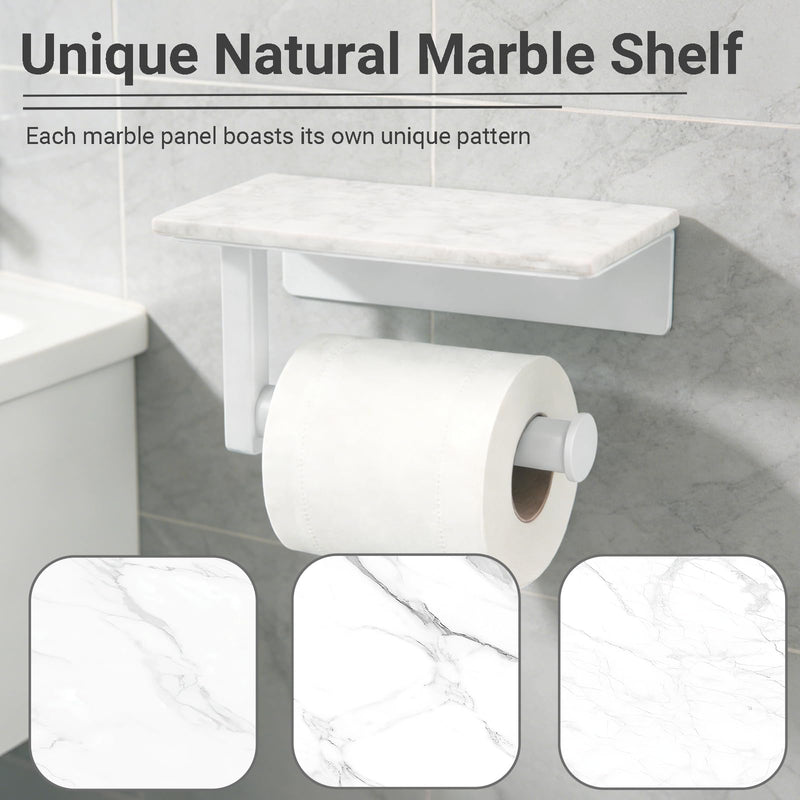 Toilet Paper Holder with Natural Marble Shelf, Wall Mounted Tissue Holder, Modern and Durable Bathroom Accessory for Bathroom Washroom (White) White