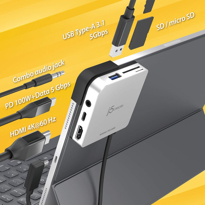 j5create iPad Pro USB C Hub- 6-in-1 Travel Dock for iPad Pro 12.9”/11” | with 4K@60Hz HDMI, USB C PD Charging 100W & Data, USB A 3.1, SD and microSD Card Reader, 3.5mm Headphone Jack (JCD612)