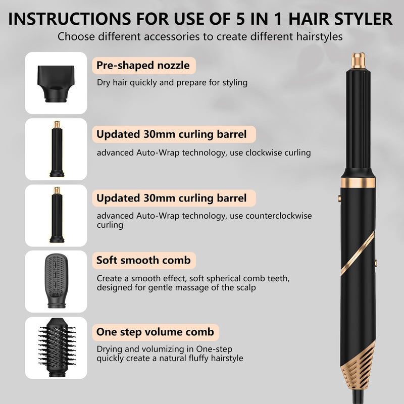 TANSHINE Foldable 5 in 1 Auto Wrap Hair Styler Brush | Foldable rotating handle, 1000W, dual voltage 100-240V, 3 temps 50/80/105°C, 5 heads, ionic, UK plug