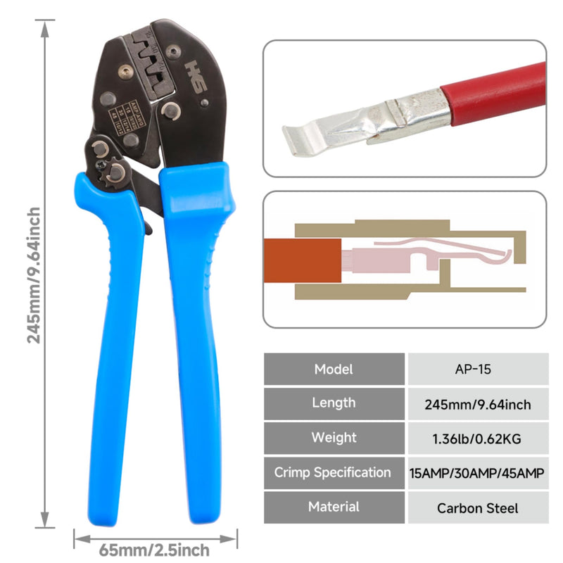 HKS Ratchet Powerpole Crimping Tool 31Pcs Kit with 15A 30A 45A Power Connectors and Caps, Crimper with Build-in Orientation Block AP-15 Crimper + 31PCS Kit