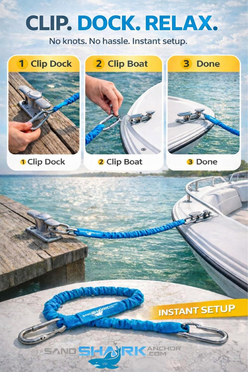 SandShark Premium Flat Bungee Dock Line – Stretches 4-7 FT - Boat & Jet Ski Dock Lines with Stainless Steel Carabiners – Shock Absorbing Mooring Rope for PWC, Boats & Pontoons. Neon Green 4-7ft 2 Pack