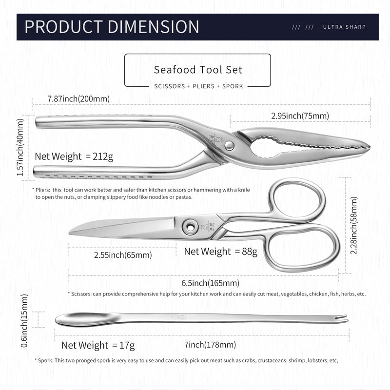MALANG - Full stainless steel Crab Leg cracker,scissor and picks,seafood tool kit,Easy to Use Lobster cracker,food scissor,and lobster pick &spoon,portable travel box