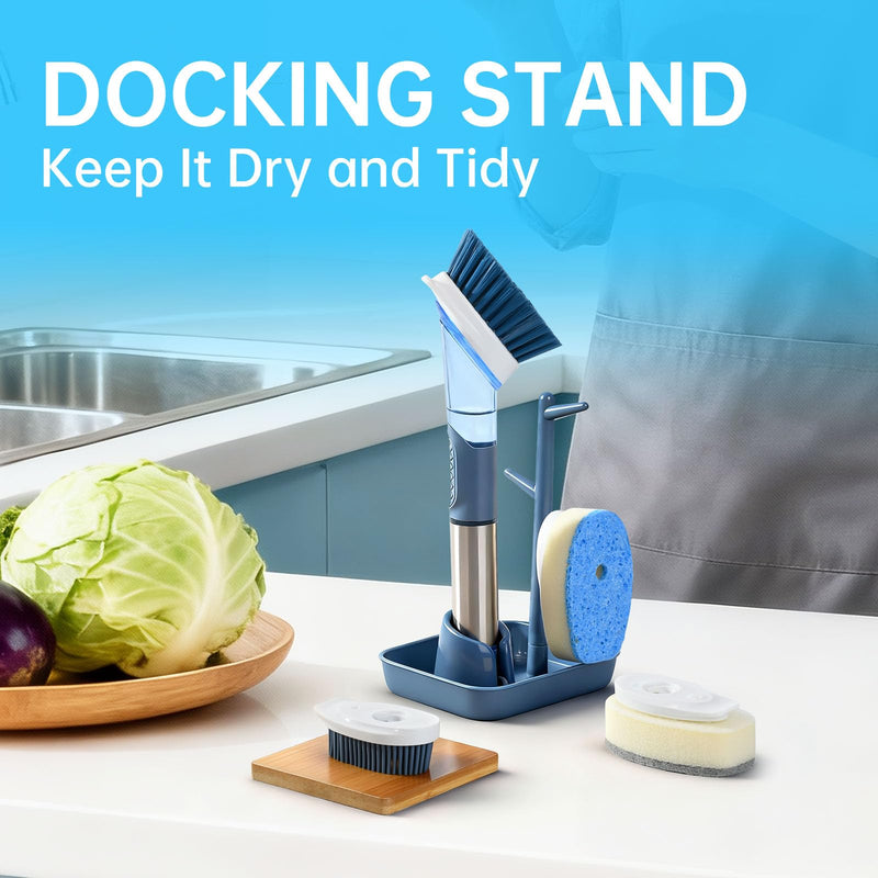 Soap Dispensing Scrub Brush - 4-in-1 Kitchen Cleaning Brush with Built-in Tank, Scraper Heads for Stubborn Grime on Pots Pans, Stand/Hang Storage-Blue 5 Blue