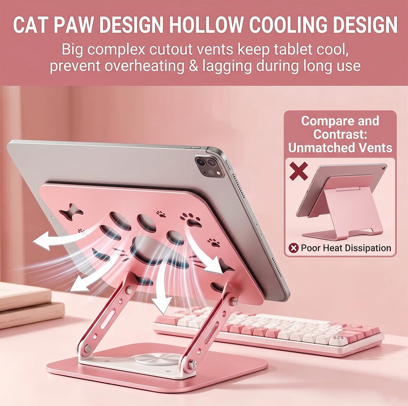 Cute Cat Paw Carbon Steel Tablet Phone Stand, 360 Rotating Heavy Duty Tablet Holder, Foldable Adjustable Stand Compatible with 4.7-13" iPhone, iPad Pro Air Mini, Kindle, Android Tablets (Pink) Pink