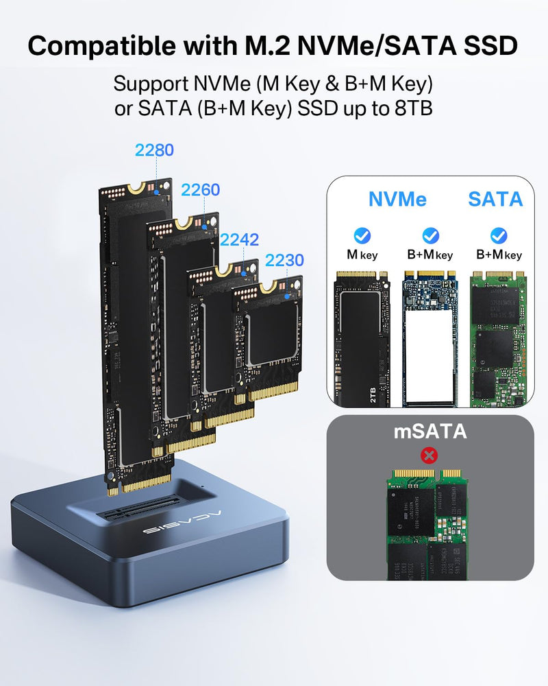 ACASIS NVME to USB Docking Station, Aluminium Alloy Housing, Fast Heat Dissipation, M.2 SSD Adapter 10Gbps, Support M.2 NVMe & SATA-Based SSDs