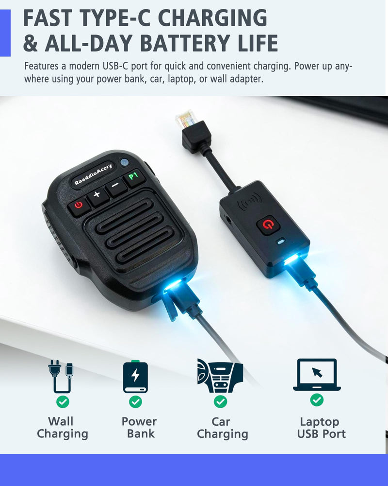 Wireless Speaker Microphone for Kenwood NX700 NX800 NX-820 NX-920 TK8180 TK7180 TK7360 TK8160 Car Walkie-Talkie Wireless Hand Long Range Mic with 360° Clip, USB-C Charging