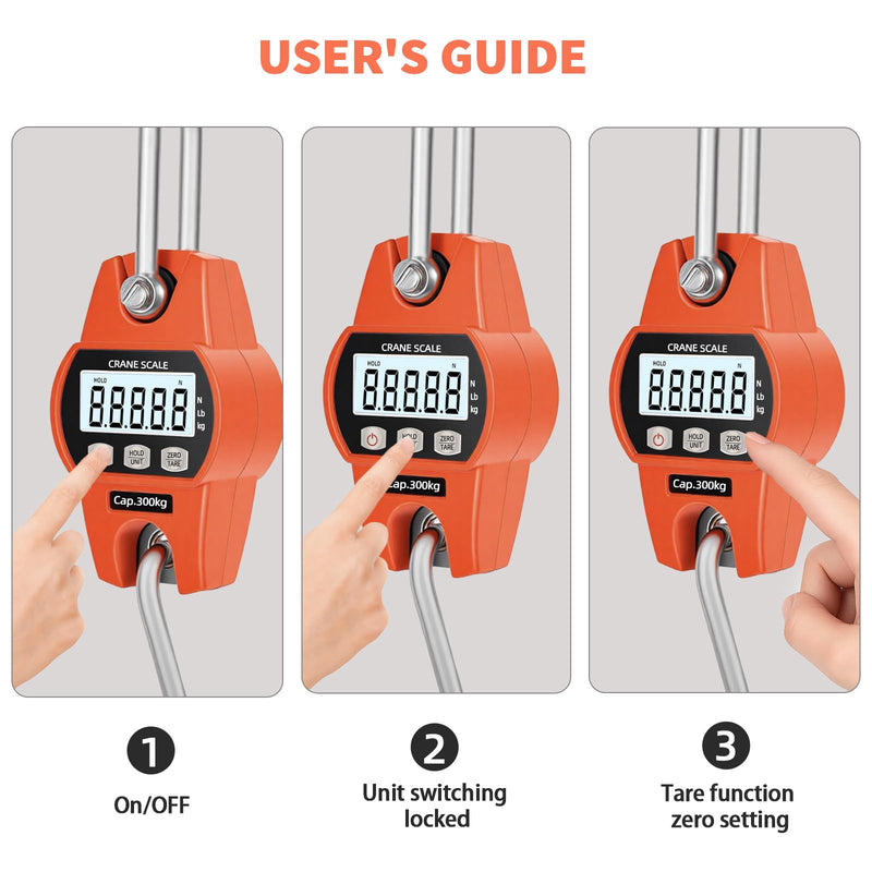 Hanging Scale 660lb/300kg - High-Accuracy Crane Scale with Aluminum Frame and LCD Display. Functions as Fishing Scale and Luggage Scale. for Farm, Hunting, Fitness, and Travel Weighing 300kg/0.1lb