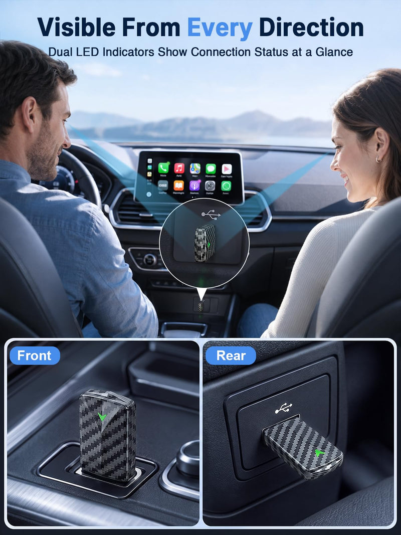 Carbon Fiber Wireless Android Auto & CarPlay Adapter, Wired to Wireless | Auto Reconnect, Fast Stable on Rough Roads, Gold-Plated USB, Mini Design, Easy to Use, Plug & Play with OEM Wired Cars 2016+ Carbon