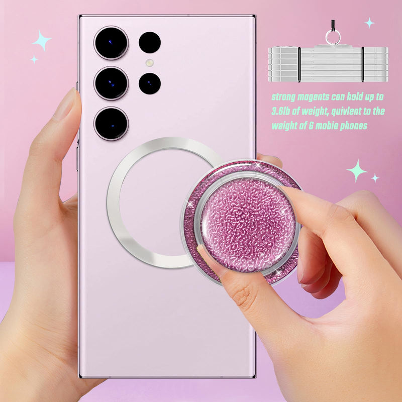 Magnetic Phone Grip, Magnetic Collapsible Expandible Mobile Phone Grips Stand Holder for iPhone 17 16 15 14 13 12 Series, Sparkly Transparent Pink