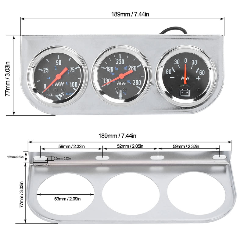 Triple Gauge Set, 2in Triple Gauge Set Water Temp Oil Pressure AMP Meter Universal for 12V Car Boat Truck