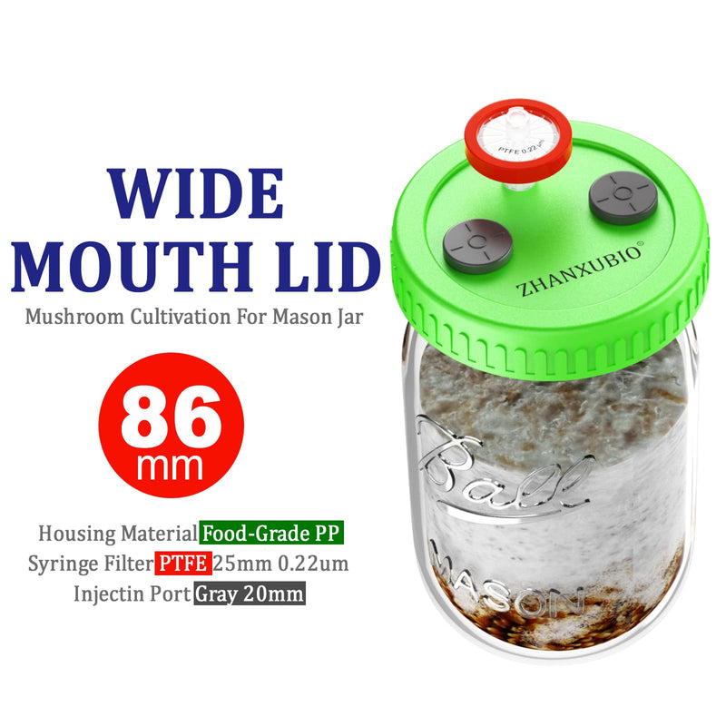 Mushroom Jar Liquid Culture Lid Wide Mouth Rejular Mouth Food Grade Plastic Mason Jar Lid with PTFE Membrane & Self Healing Injection Ports For Mushroom By ZHANXUBIO (12Pcs-Green) 12Pcs-Green