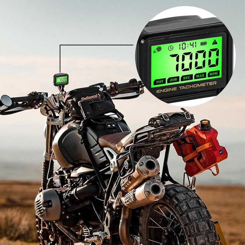 Digital Tachometer, Tach Hour Meter, Small Engine Tachometer with RPM Alarm, Clock, Battery and Memory Function, Auto Sleep and Reset, for Snowmobile Skis Motor Bike Go Kart Lawn Mower