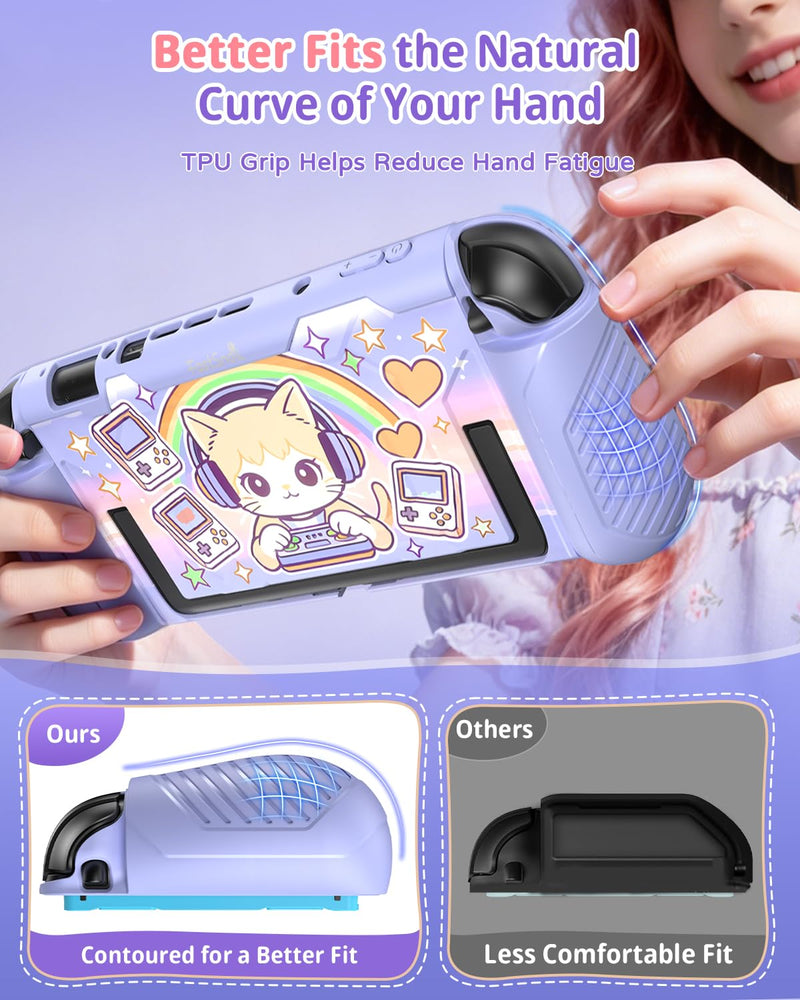 FASTSNAIL Protective Cute Case Cover for Nintendo Switch 2 with Cartoon Cat | TPU Switch 2 Dockable Case with Cat Pattern, Military Protection, Split Design, Ergonomic Grip, PC Front Cover, 12 Game Slots Purple Cartoon Cat Switch 2 Cover with Front Case