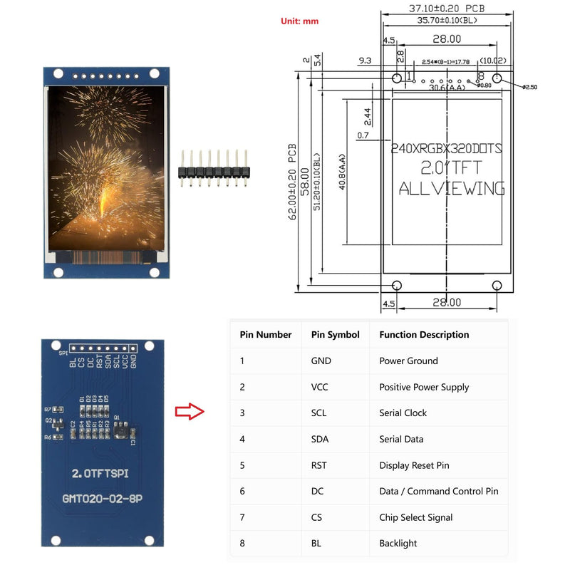 2.0 Inch IPS TFT LCD Display Module, 240x320 RGB Full Color Screen ST7789 Driver 4-Wire SPI 8Pin 3.3V HD LCD Display Screen for Arduino Raspberry Pi DIY Electronic Projects