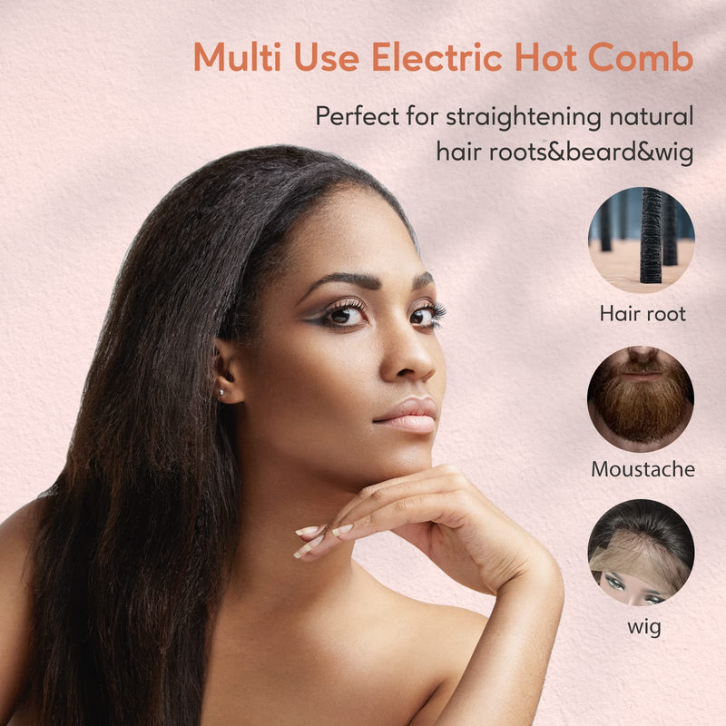 Terviiix Hot Comb Electric, Hot Comb for Wigs, Afro Hair & Beard, Anti-Scald Straightening Comb with Keratin & Argan Oil Infused Teeth, Temperatures Adjustable, 60 Min Auto Shut Off Rose Gold