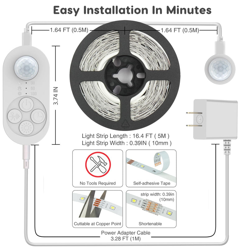 Dual Sensor Stair Lights Indoor, Motion Activated Plug-in Step Light Strip Indoor with Dimmer, Delay Timer for Stairway (Warm White 3000K (32.8FT Light Strip), Power Adapter (3.28FT Cable)) Power Adapter (3.28FT Cable)