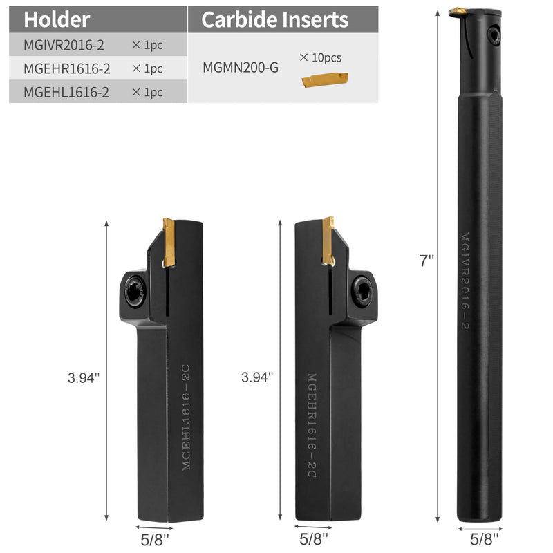 5/8" Large Shank Lathe Grooving & Part-Off Set (3pcs), Internal & External Deep Grooving, 10pcs TiN Coated MGMN200 Inserts, Extra-Rigid Nitrided Stability 2PCS Threading Holder + 10PCS Carbide Inserts