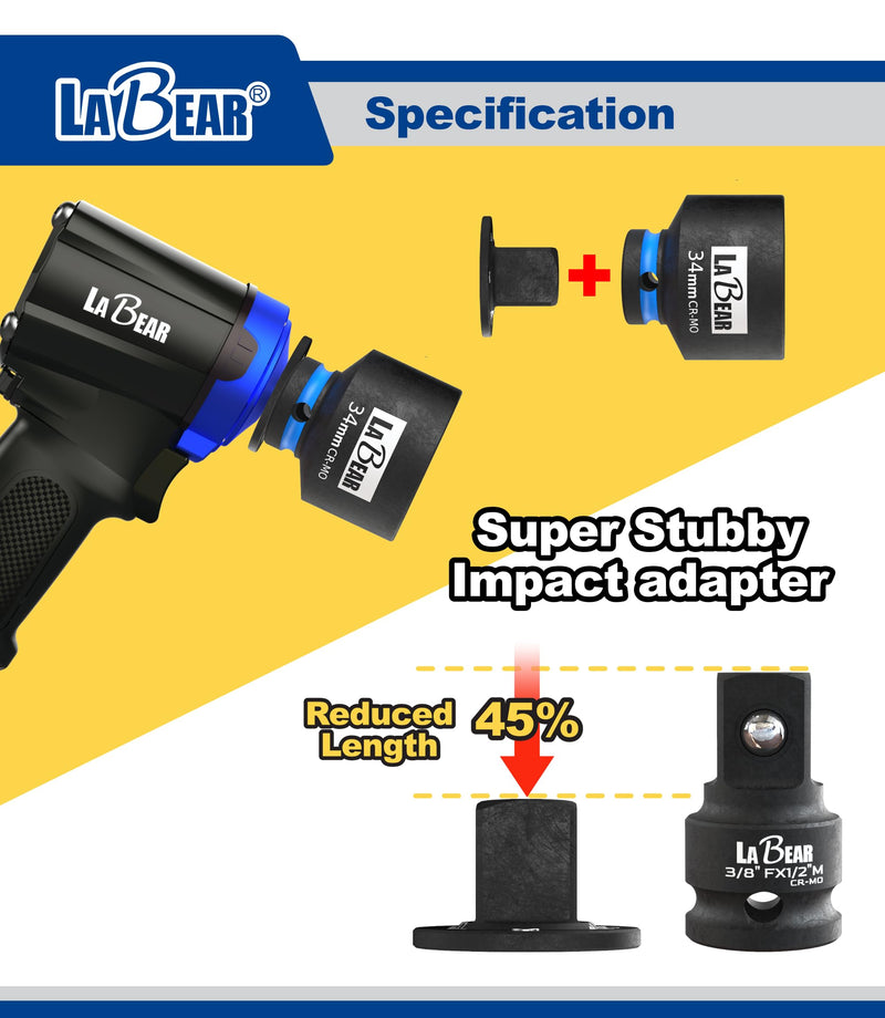 LABEAR 4PCS Low Profile Impact Socket Adapter Set, Drive Reducer Ratchet Adapter 1" to 3/4", 3/4" to 1/2", 1/2" to 3/8", 3/8" to 1/4", Chrome Molybdenum Steel, Magnetic Retention, for Impact Tools