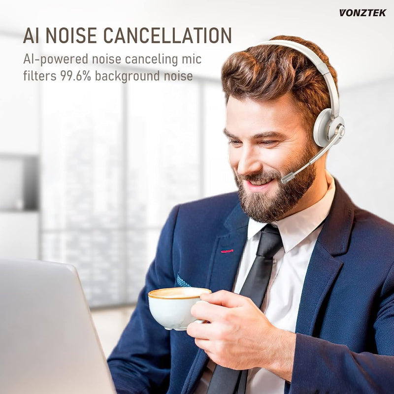 Wireless Headset, Trucker Bluetooth Headset Noise Canceling & Mute | 5.0 Bluetooth Headphones with Mic & USB Dongle for Cell Phone Computer Work Office Teams Meeting Call Center Champagne Gold & White