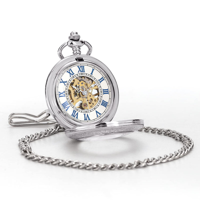 ManChDa Pocket Watch Retro Smooth Classic Mechanical Hand-Wind Pocket Watch Steampunk Roman Numerals Fob Watch for Men Women with Chain + Box A. Silver