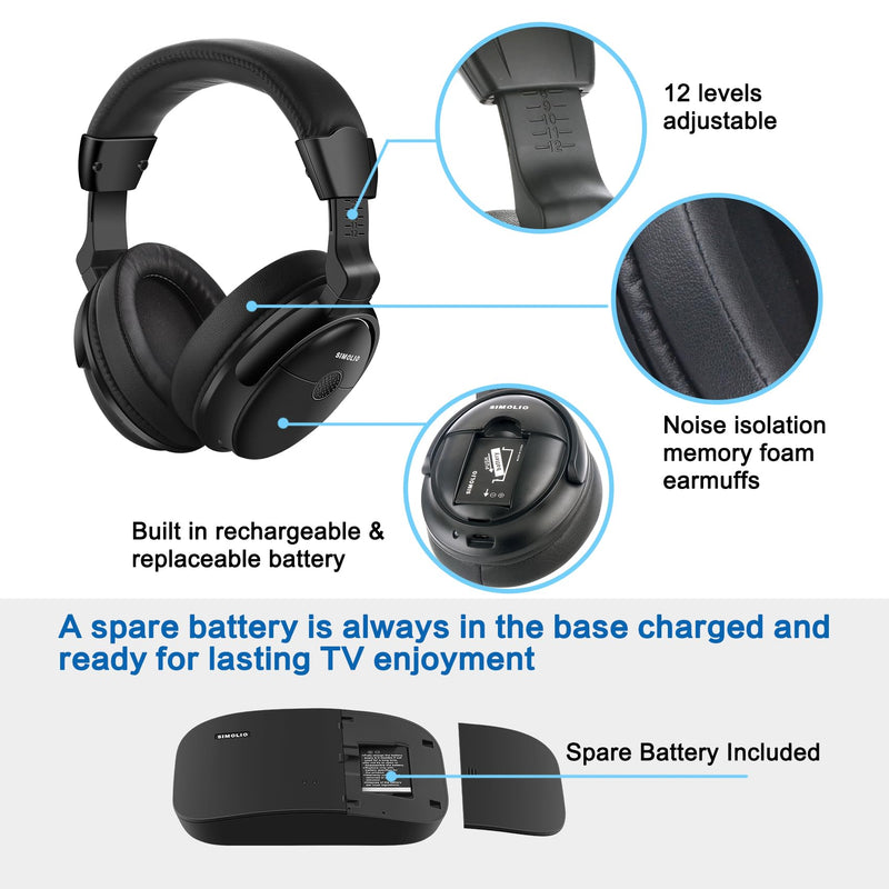 SIMOLIO Wireless TV Headphones with Clear Dialog Mode, Enhanced Voice & Spare Battery for Seniors & Hard of Hearing, L/R Balance Volume Control, No Audio Lag, 100FT Range