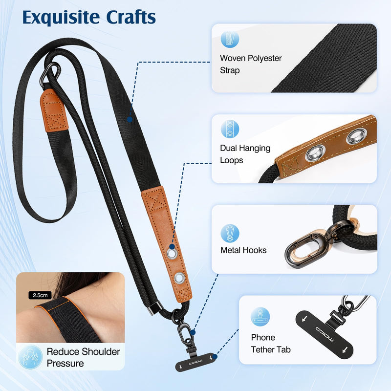 MoKo Adjustable Phone Lanyard Crossbody Strap with 2 Hanging Loops | Anti-Theft Phone Strap Thick Braided Wide Strap for Shoulder Relief, Universal Cell iPhone Neck Lanyard for Travel Outdoor Black