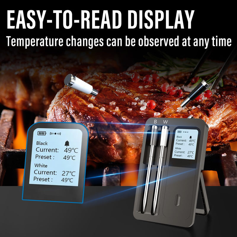 Bluetooth Smart Meat Thermometer – Wireless Digital Meat Thermometer with Dual Probes, App Control, Real-Time Temp Monitoring & Alerts for Grilling, Smoking, Oven, Kitchen & Outdoor