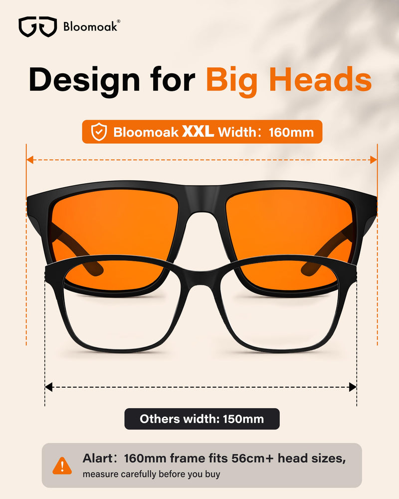 99% XXL Blue Light Glasses for Big Heads,160mm Wide Frame for Screens, Relieve Eye Strain, Improve Sleep, Anti Glare Orange Lens - DayNight