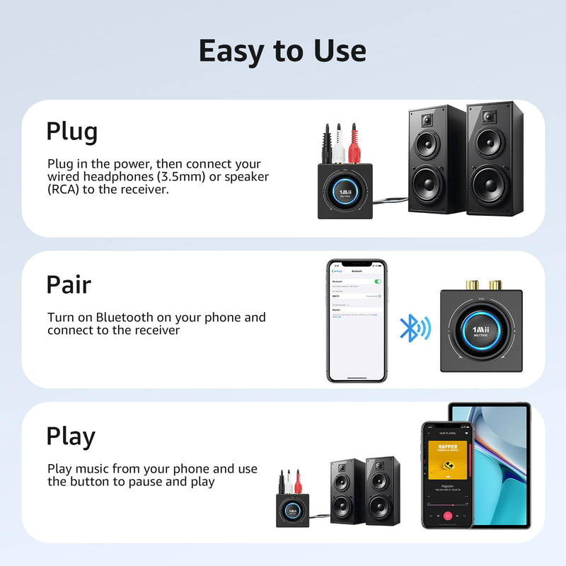 1Mii B06T3 Bluetooth 6.0 Receiver for Home Stereo, RCA & 3.5mm AUX Jack | Wireless Audio Adapter with Knob Volume Control, for Wired Speakers, Old Speakers, Home Audio Music Streaming Stereo System