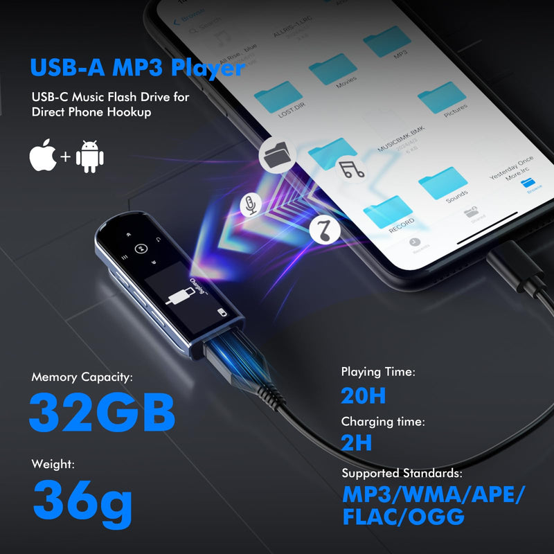 RUIZU 32GB USB MP3 Player with Bluetooth 5.3 & Clip for Sports Running | Portable Music Player, USB MP3 Player Stick with FM Radio, Voice Recorder, Digital Audio Shuffle Repeat, Phone File Transfer